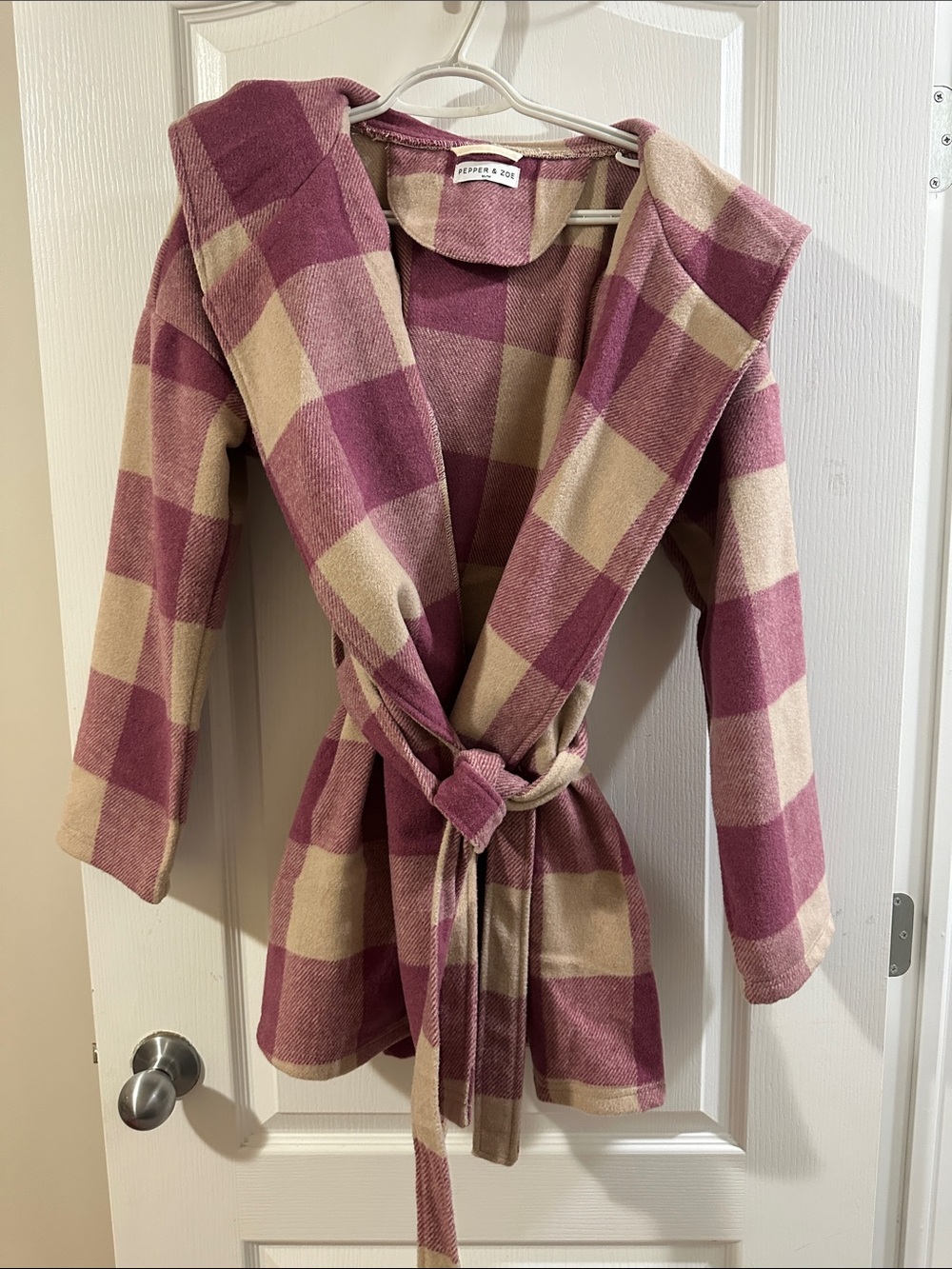 Pepper&Zoe Pink Plaid Hooded Belted Jacket